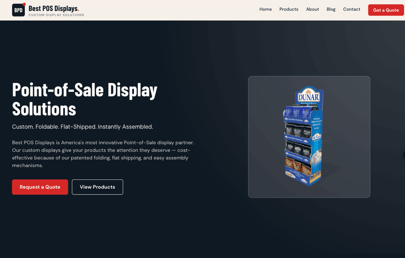 Best POS Displays homepage with point-of-sale solutions messaging