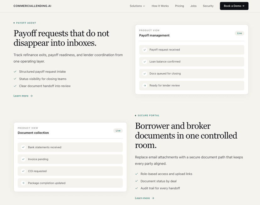 CommercialLending.ai payoff and document workflow modules