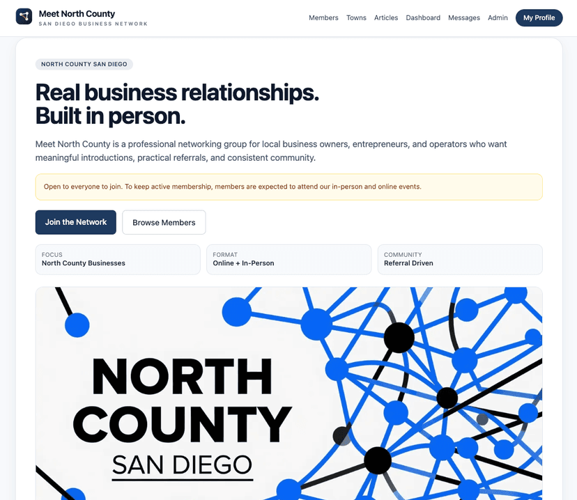 Meet North County homepage with mission and member actions