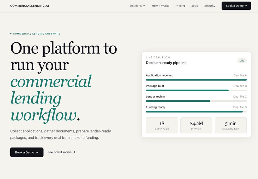 CommercialLending.ai hero and live deal flow dashboard