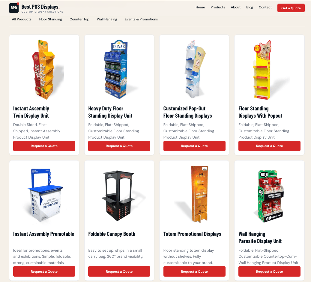 Best POS Displays product catalog and quote buttons