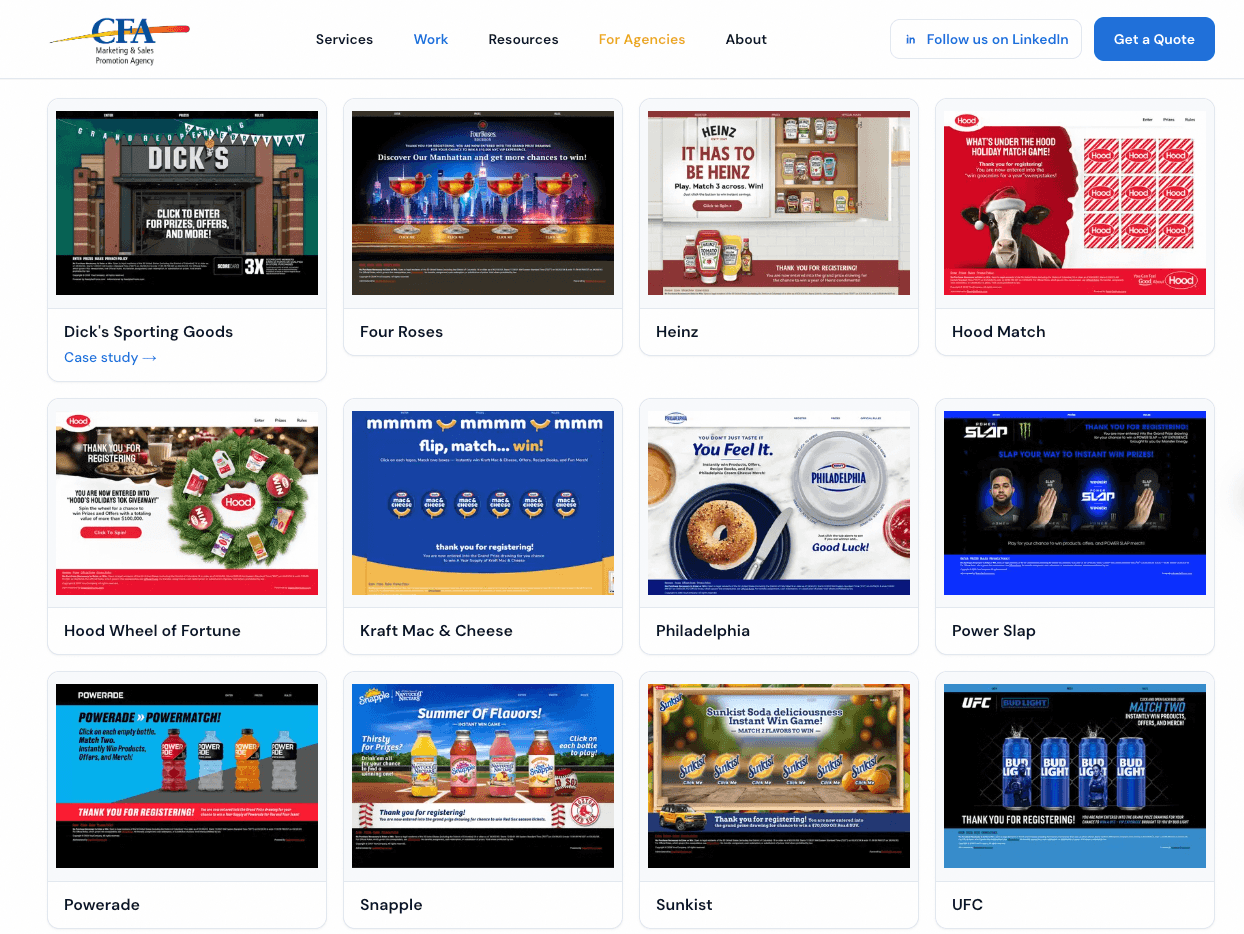 CFA Promo work showcase grid with campaign examples