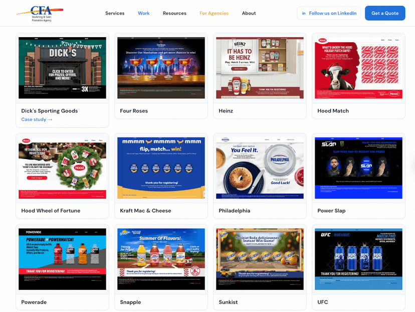 CFA Promo work showcase grid with campaign examples