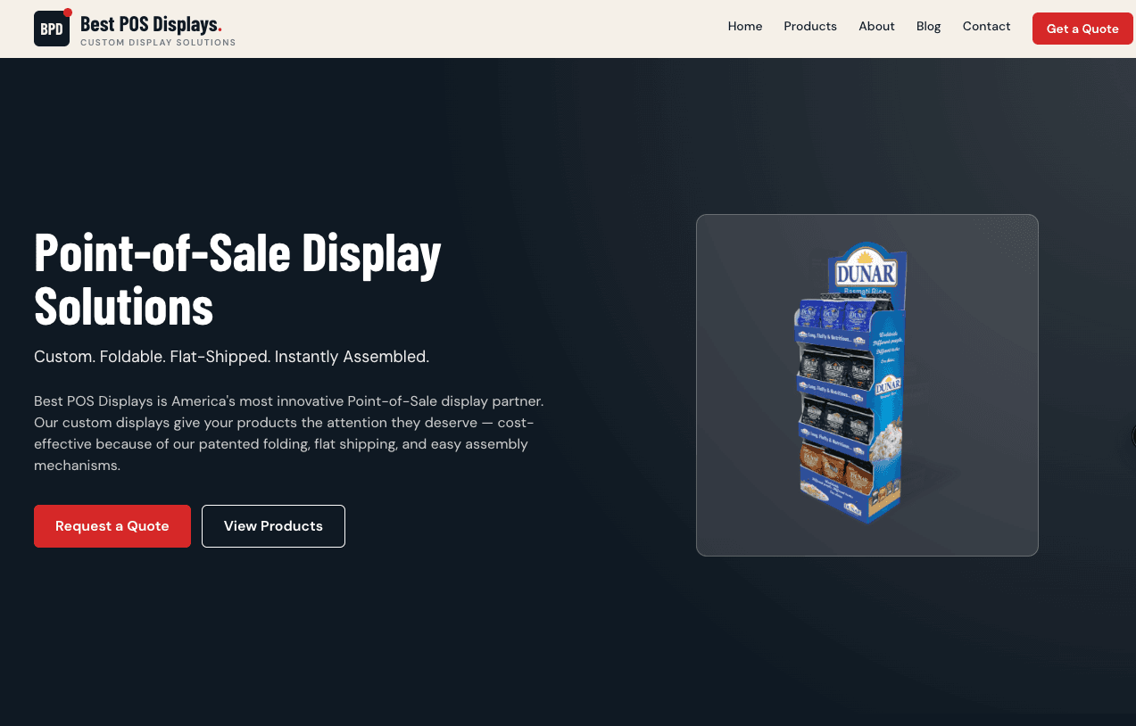 Best POS Displays homepage with point-of-sale solutions messaging