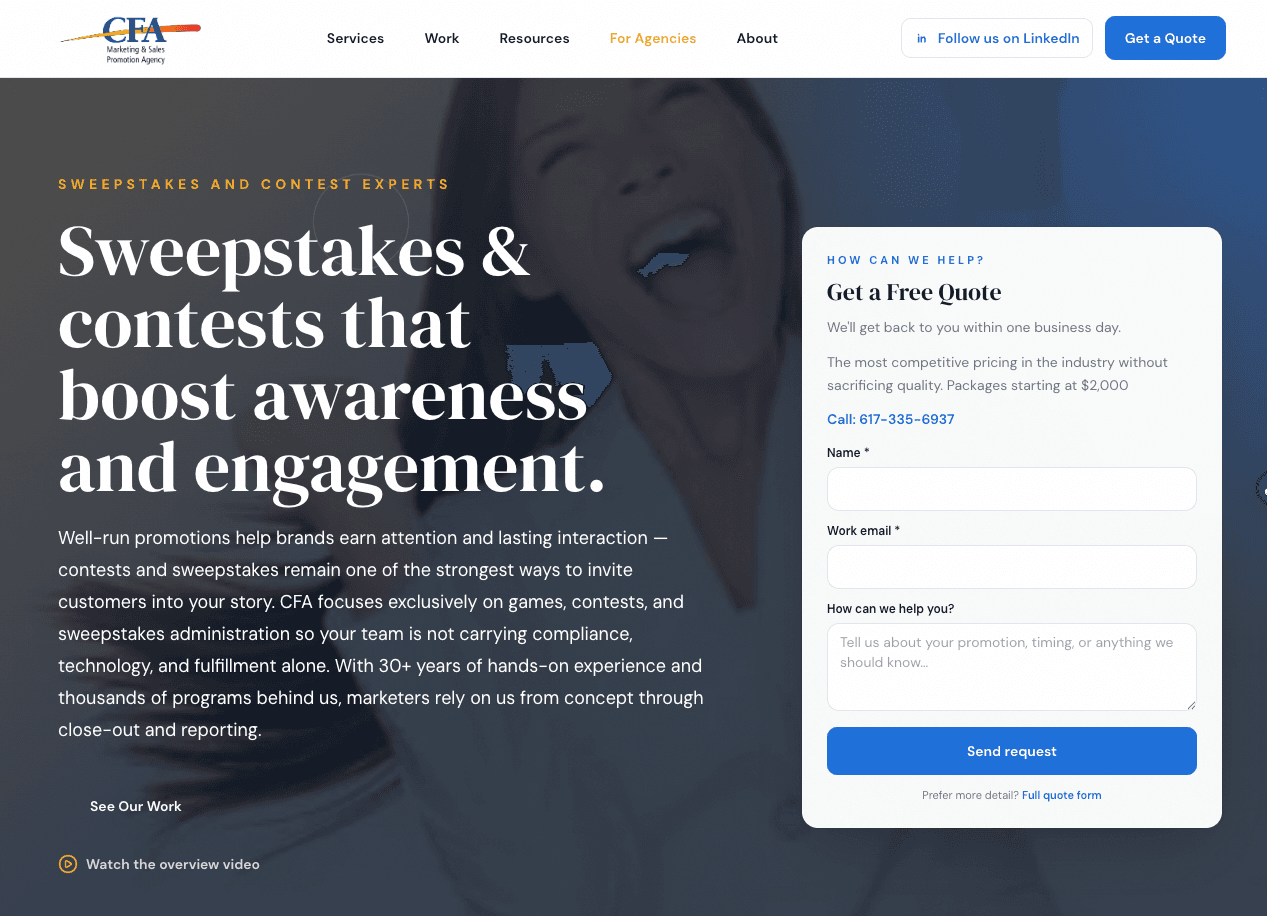 CFA Promo homepage hero and quote form