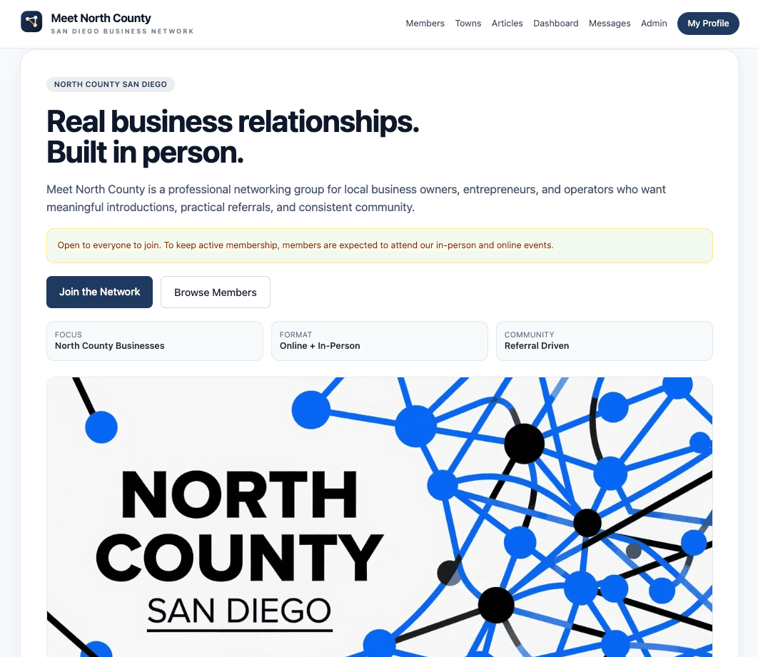 Meet North County homepage with mission and member actions
