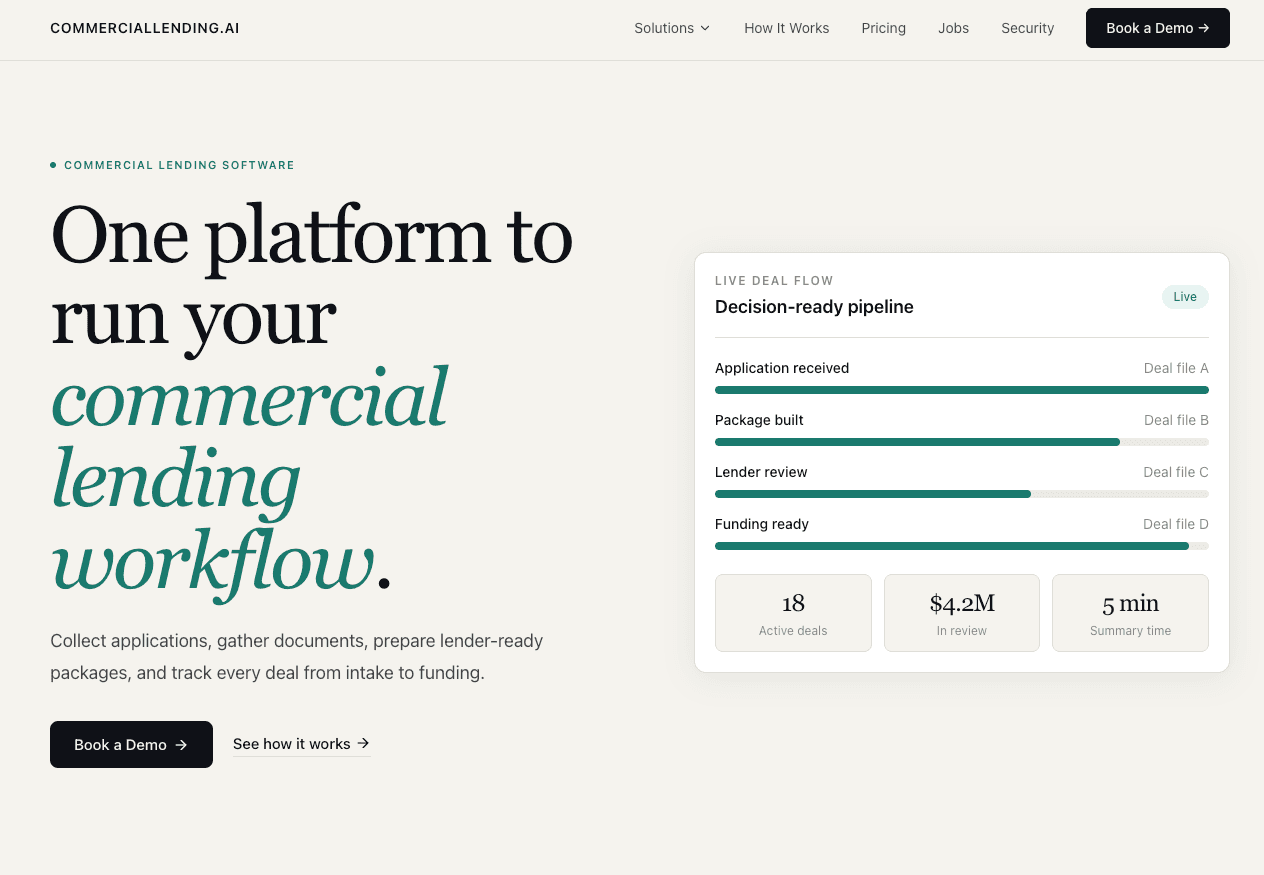 CommercialLending.ai hero and live deal flow dashboard